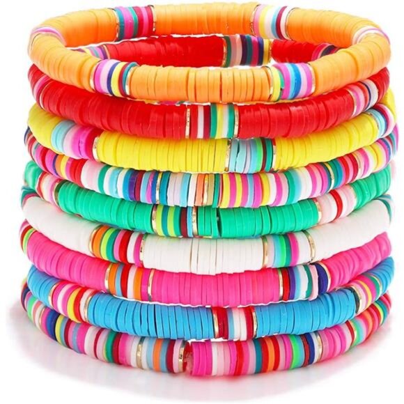 Surfer Heishi Bracelets for Women Stackable Rainbow Vinyl Disc Clay Beaded - Picture 1 of 8